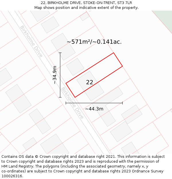 22, BIRKHOLME DRIVE, STOKE-ON-TRENT, ST3 7LR: Plot and title map