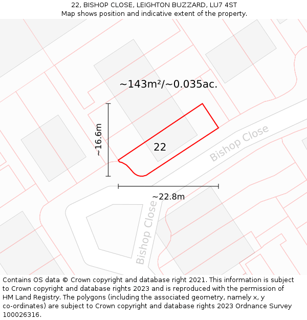 22, BISHOP CLOSE, LEIGHTON BUZZARD, LU7 4ST: Plot and title map