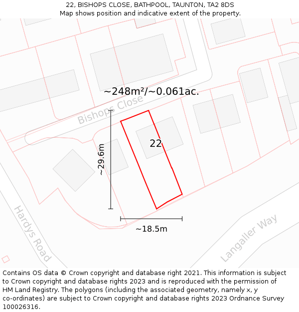 22, BISHOPS CLOSE, BATHPOOL, TAUNTON, TA2 8DS: Plot and title map