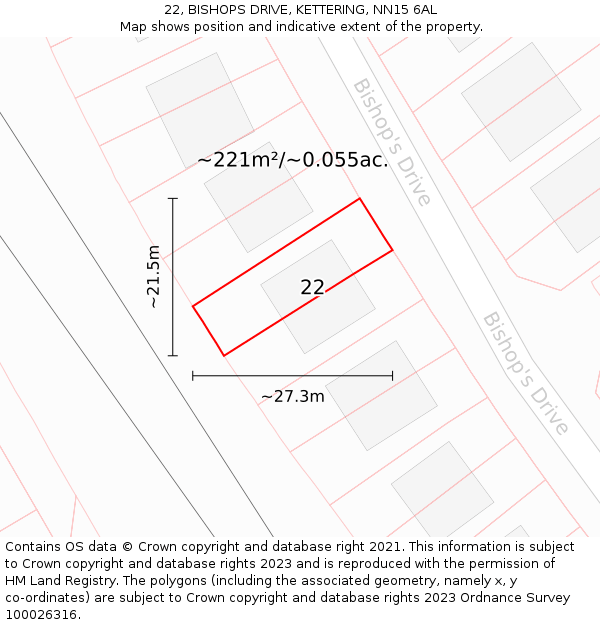 22, BISHOPS DRIVE, KETTERING, NN15 6AL: Plot and title map