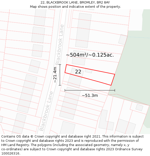 22, BLACKBROOK LANE, BROMLEY, BR2 8AY: Plot and title map