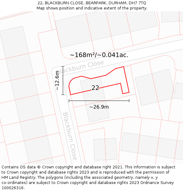 22, BLACKBURN CLOSE, BEARPARK, DURHAM, DH7 7TQ: Plot and title map