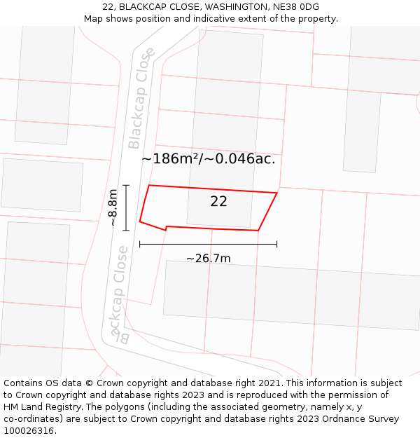 22, BLACKCAP CLOSE, WASHINGTON, NE38 0DG: Plot and title map