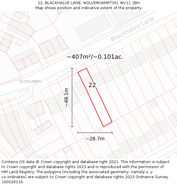 22, BLACKHALVE LANE, WOLVERHAMPTON, WV11 1BH: Plot and title map