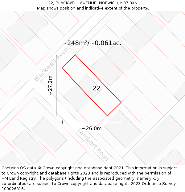 22, BLACKWELL AVENUE, NORWICH, NR7 8XN: Plot and title map