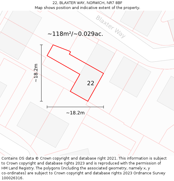 22, BLAXTER WAY, NORWICH, NR7 8BF: Plot and title map