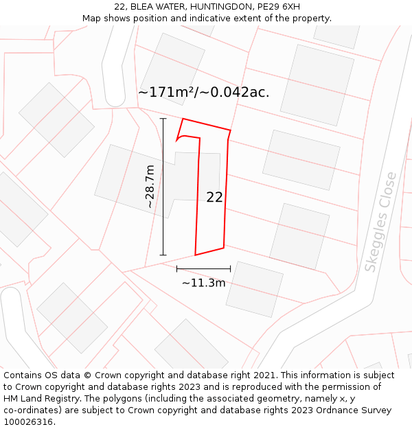 22, BLEA WATER, HUNTINGDON, PE29 6XH: Plot and title map