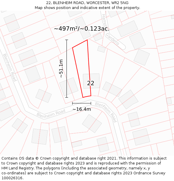 22, BLENHEIM ROAD, WORCESTER, WR2 5NG: Plot and title map