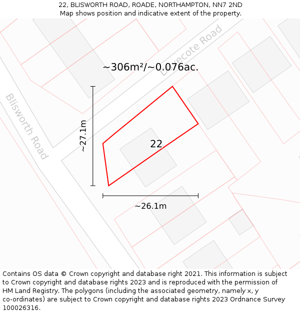 22, BLISWORTH ROAD, ROADE, NORTHAMPTON, NN7 2ND: Plot and title map
