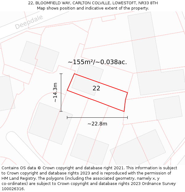 22, BLOOMFIELD WAY, CARLTON COLVILLE, LOWESTOFT, NR33 8TH: Plot and title map