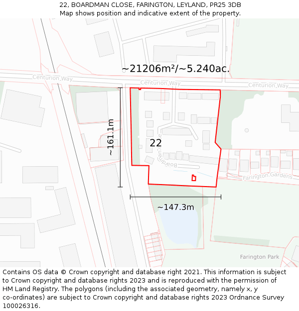 22, BOARDMAN CLOSE, FARINGTON, LEYLAND, PR25 3DB: Plot and title map