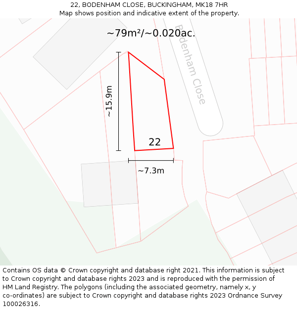 22, BODENHAM CLOSE, BUCKINGHAM, MK18 7HR: Plot and title map
