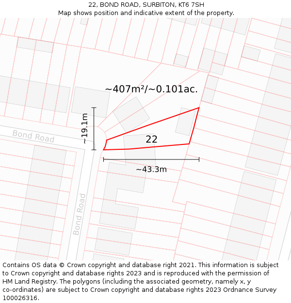 22, BOND ROAD, SURBITON, KT6 7SH: Plot and title map