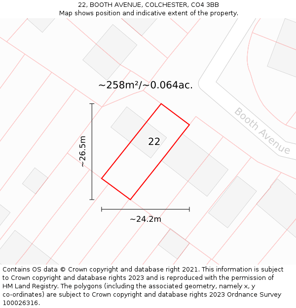 22, BOOTH AVENUE, COLCHESTER, CO4 3BB: Plot and title map