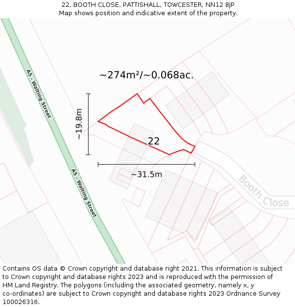 22, BOOTH CLOSE, PATTISHALL, TOWCESTER, NN12 8JP: Plot and title map