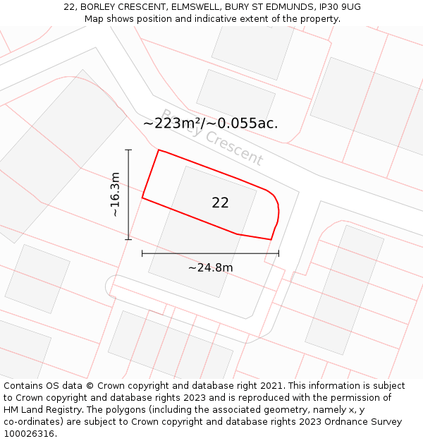 22, BORLEY CRESCENT, ELMSWELL, BURY ST EDMUNDS, IP30 9UG: Plot and title map
