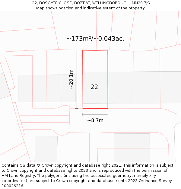 22, BOSGATE CLOSE, BOZEAT, WELLINGBOROUGH, NN29 7JS: Plot and title map