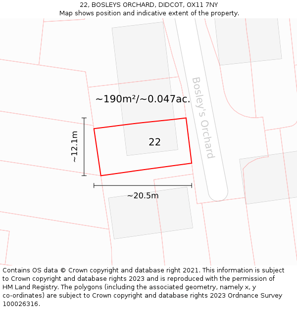 22, BOSLEYS ORCHARD, DIDCOT, OX11 7NY: Plot and title map