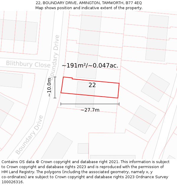 22, BOUNDARY DRIVE, AMINGTON, TAMWORTH, B77 4EQ: Plot and title map