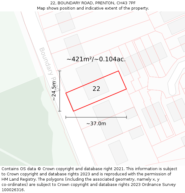 22, BOUNDARY ROAD, PRENTON, CH43 7PF: Plot and title map