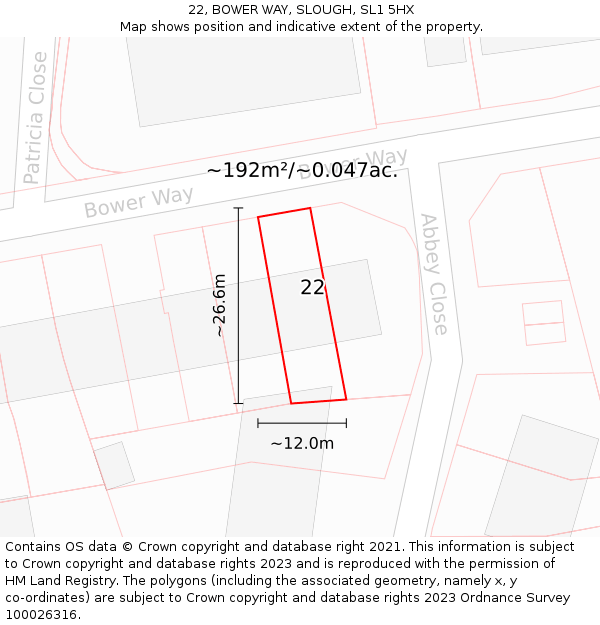 22, BOWER WAY, SLOUGH, SL1 5HX: Plot and title map