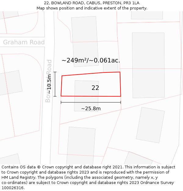 22, BOWLAND ROAD, CABUS, PRESTON, PR3 1LA: Plot and title map