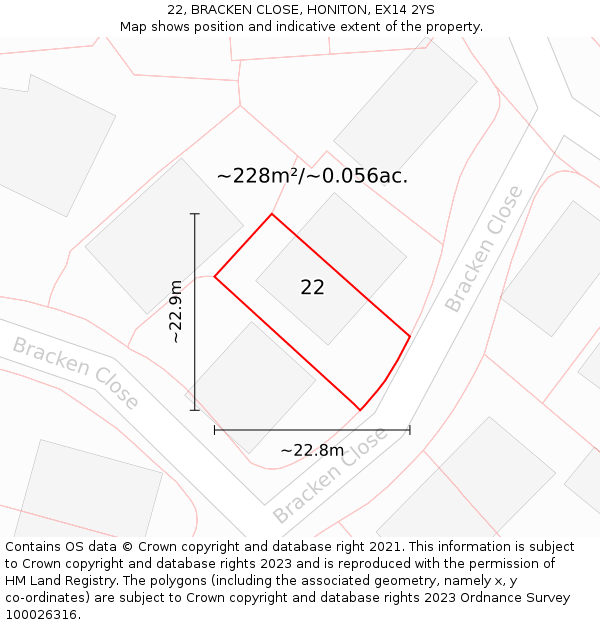 22, BRACKEN CLOSE, HONITON, EX14 2YS: Plot and title map