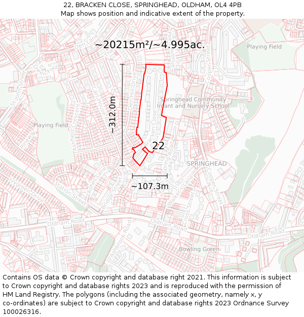 22, BRACKEN CLOSE, SPRINGHEAD, OLDHAM, OL4 4PB: Plot and title map