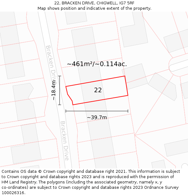 22, BRACKEN DRIVE, CHIGWELL, IG7 5RF: Plot and title map