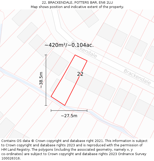 22, BRACKENDALE, POTTERS BAR, EN6 2LU: Plot and title map