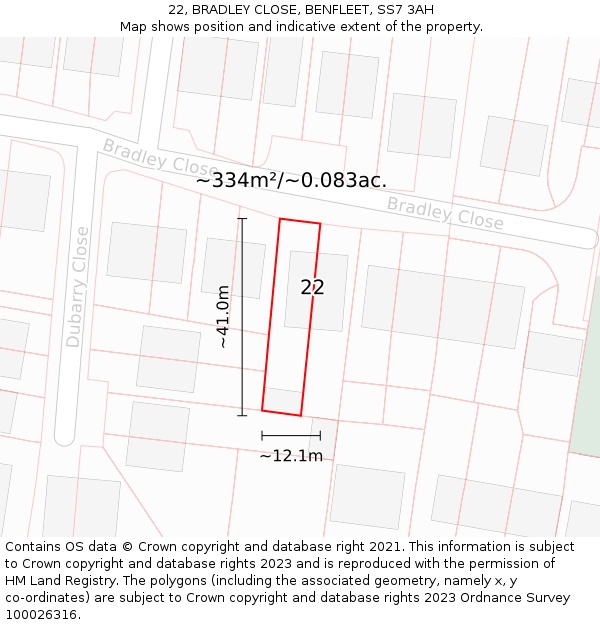 22, BRADLEY CLOSE, BENFLEET, SS7 3AH: Plot and title map