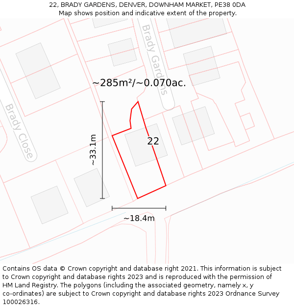 22, BRADY GARDENS, DENVER, DOWNHAM MARKET, PE38 0DA: Plot and title map