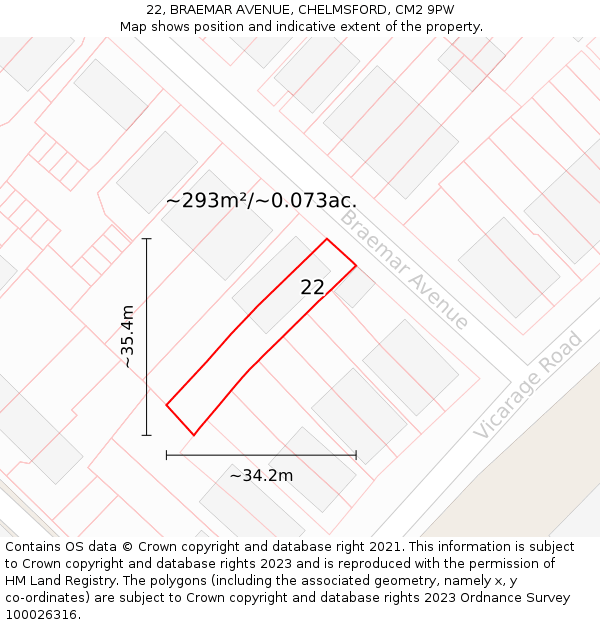 22, BRAEMAR AVENUE, CHELMSFORD, CM2 9PW: Plot and title map