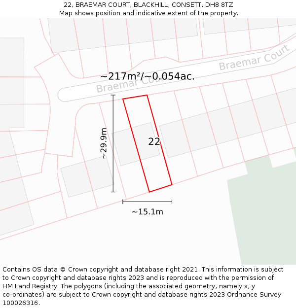 22, BRAEMAR COURT, BLACKHILL, CONSETT, DH8 8TZ: Plot and title map