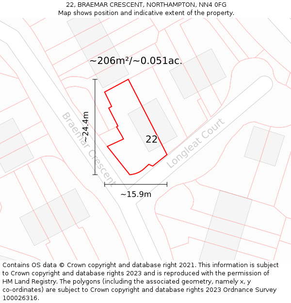 22, BRAEMAR CRESCENT, NORTHAMPTON, NN4 0FG: Plot and title map