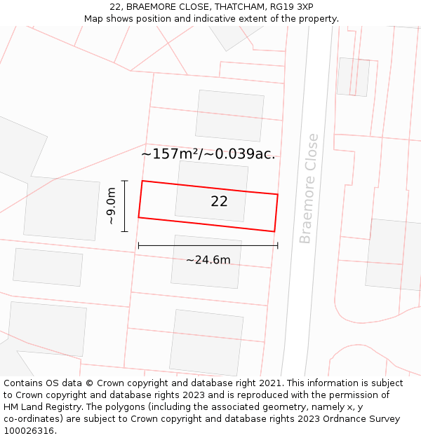 22, BRAEMORE CLOSE, THATCHAM, RG19 3XP: Plot and title map
