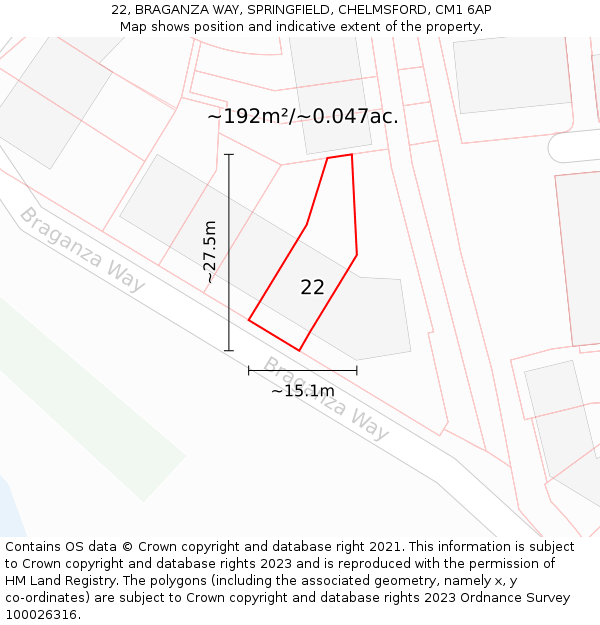 22, BRAGANZA WAY, SPRINGFIELD, CHELMSFORD, CM1 6AP: Plot and title map
