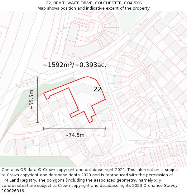 22, BRAITHWAITE DRIVE, COLCHESTER, CO4 5XG: Plot and title map