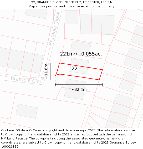 22, BRAMBLE CLOSE, GLENFIELD, LEICESTER, LE3 8JN: Plot and title map