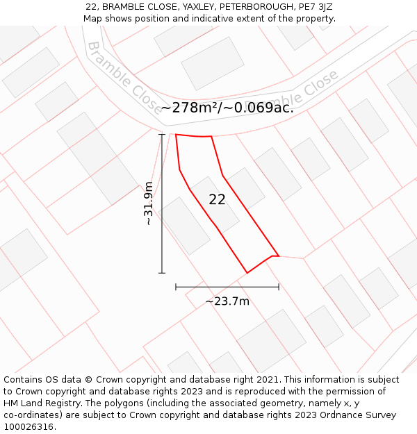 22, BRAMBLE CLOSE, YAXLEY, PETERBOROUGH, PE7 3JZ: Plot and title map