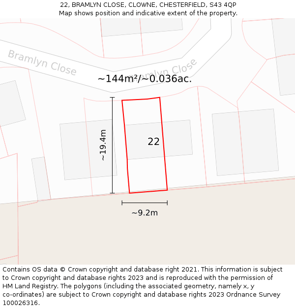 22, BRAMLYN CLOSE, CLOWNE, CHESTERFIELD, S43 4QP: Plot and title map