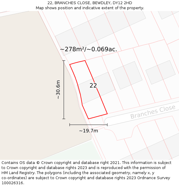 22, BRANCHES CLOSE, BEWDLEY, DY12 2HD: Plot and title map