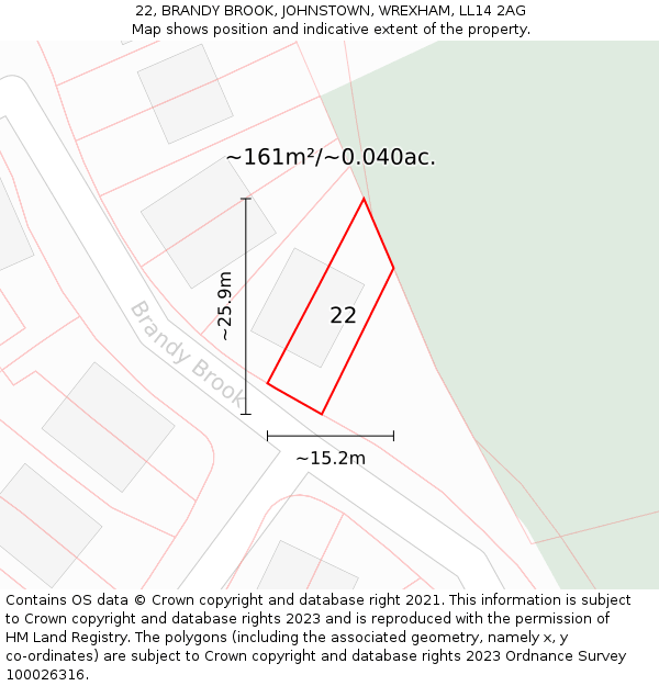 22, BRANDY BROOK, JOHNSTOWN, WREXHAM, LL14 2AG: Plot and title map