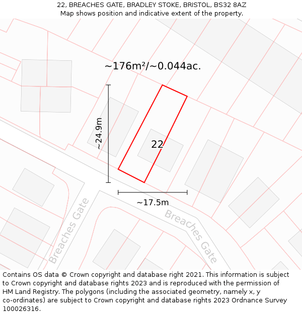 22, BREACHES GATE, BRADLEY STOKE, BRISTOL, BS32 8AZ: Plot and title map