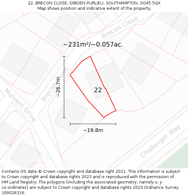 22, BRECON CLOSE, DIBDEN PURLIEU, SOUTHAMPTON, SO45 5QX: Plot and title map