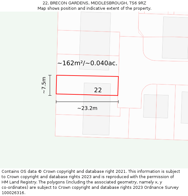 22, BRECON GARDENS, MIDDLESBROUGH, TS6 9RZ: Plot and title map