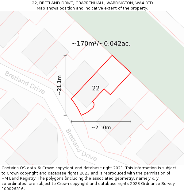 22, BRETLAND DRIVE, GRAPPENHALL, WARRINGTON, WA4 3TD: Plot and title map