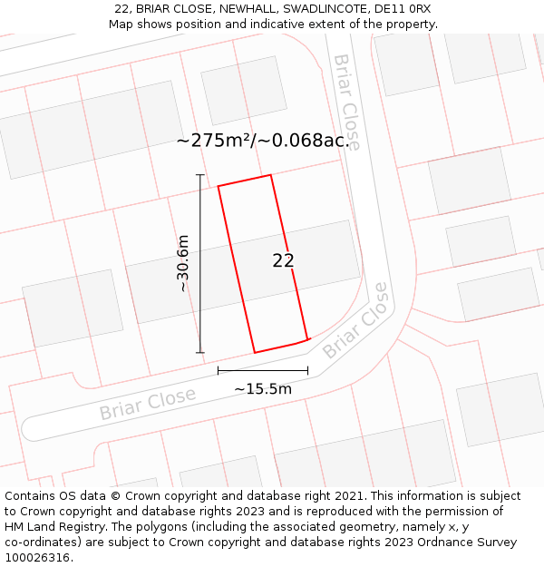22, BRIAR CLOSE, NEWHALL, SWADLINCOTE, DE11 0RX: Plot and title map