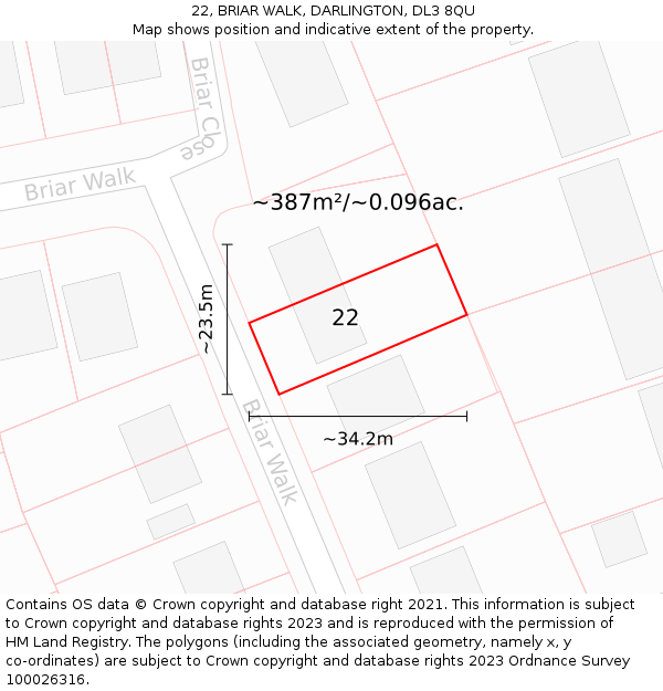 22, BRIAR WALK, DARLINGTON, DL3 8QU: Plot and title map