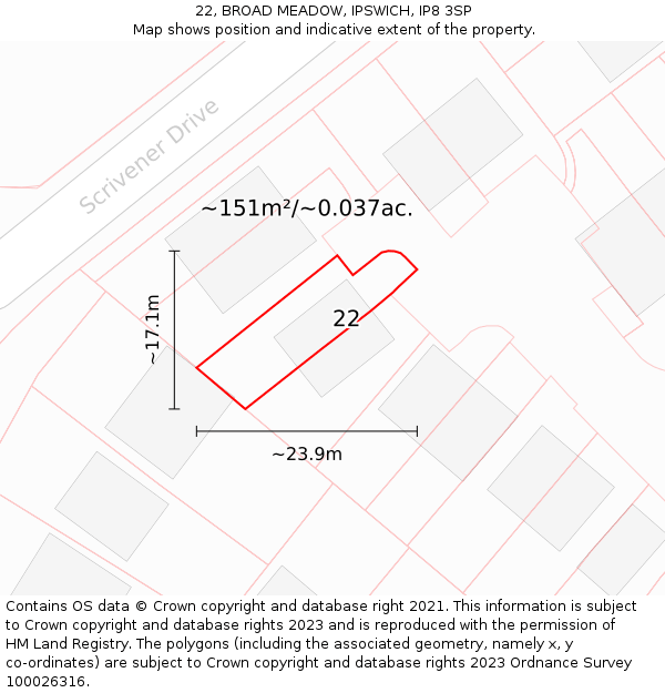 22, BROAD MEADOW, IPSWICH, IP8 3SP: Plot and title map